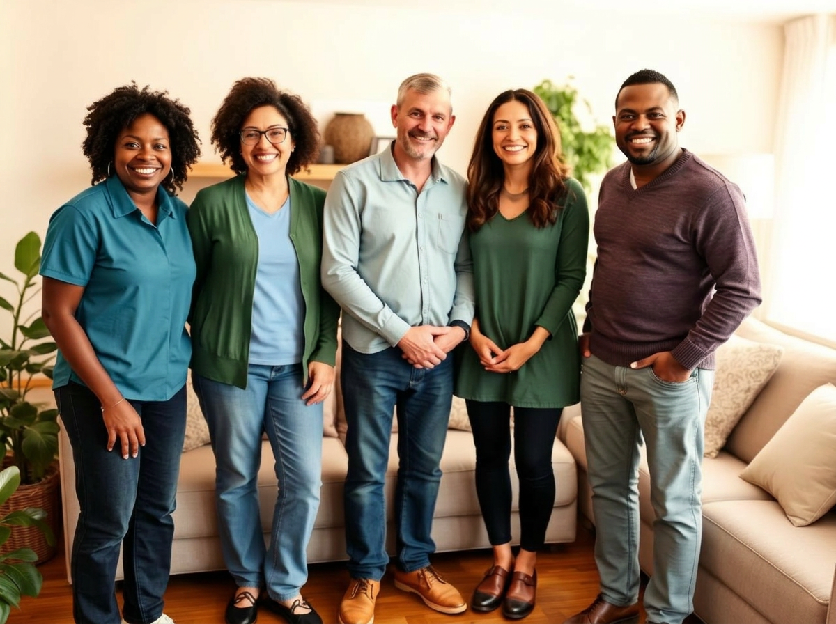 A diverse team of Direct Support Professionals standing together in a warm residential home