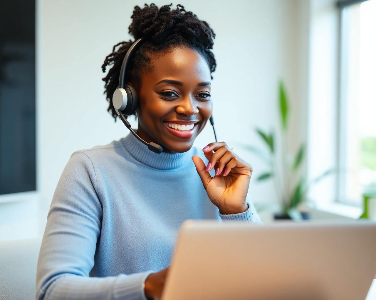 A friendly Black female Brightwell team member on a headset call in a bright welcoming office
