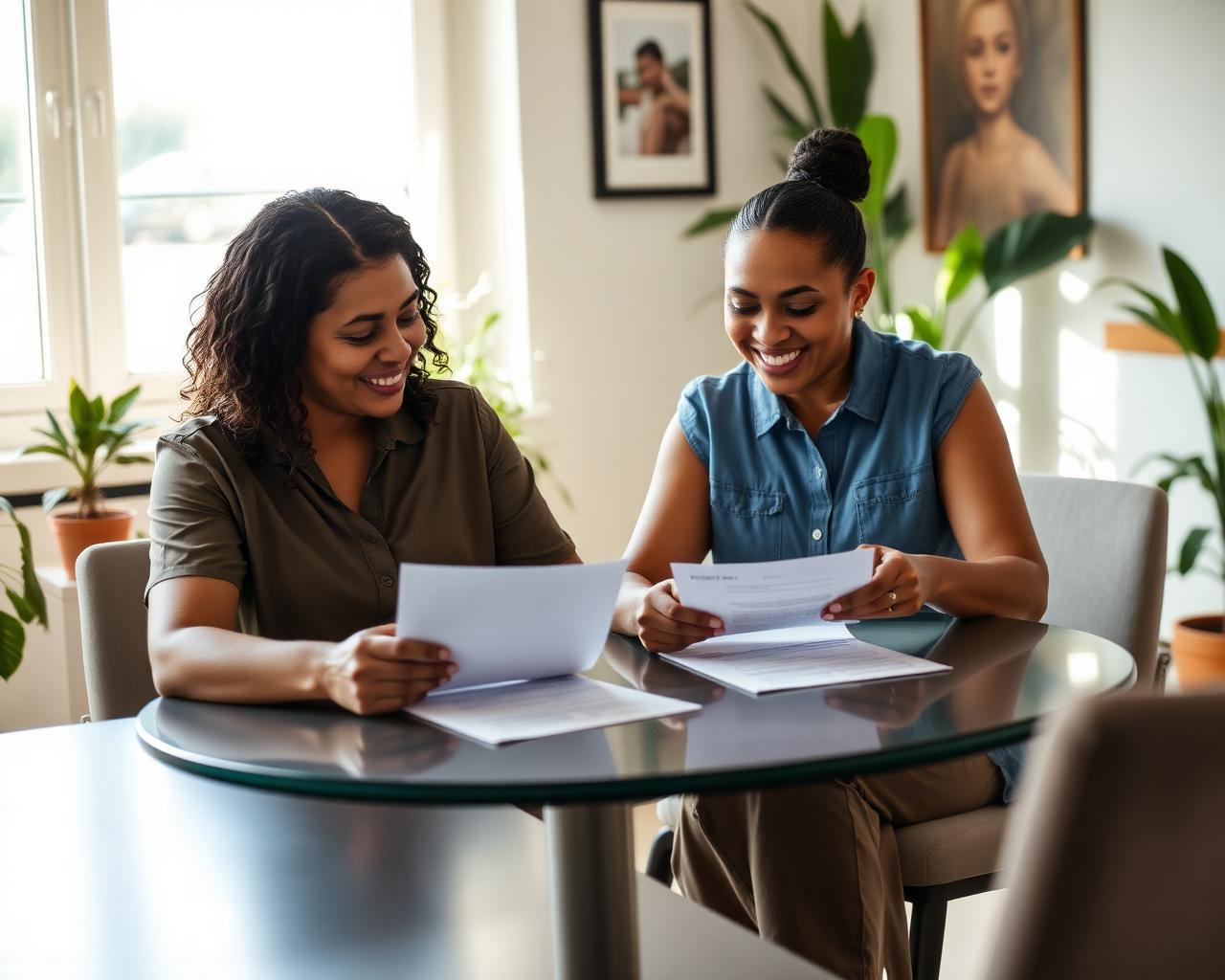A Support Coordinator and a family member reviewing referral paperwork together at a bright table