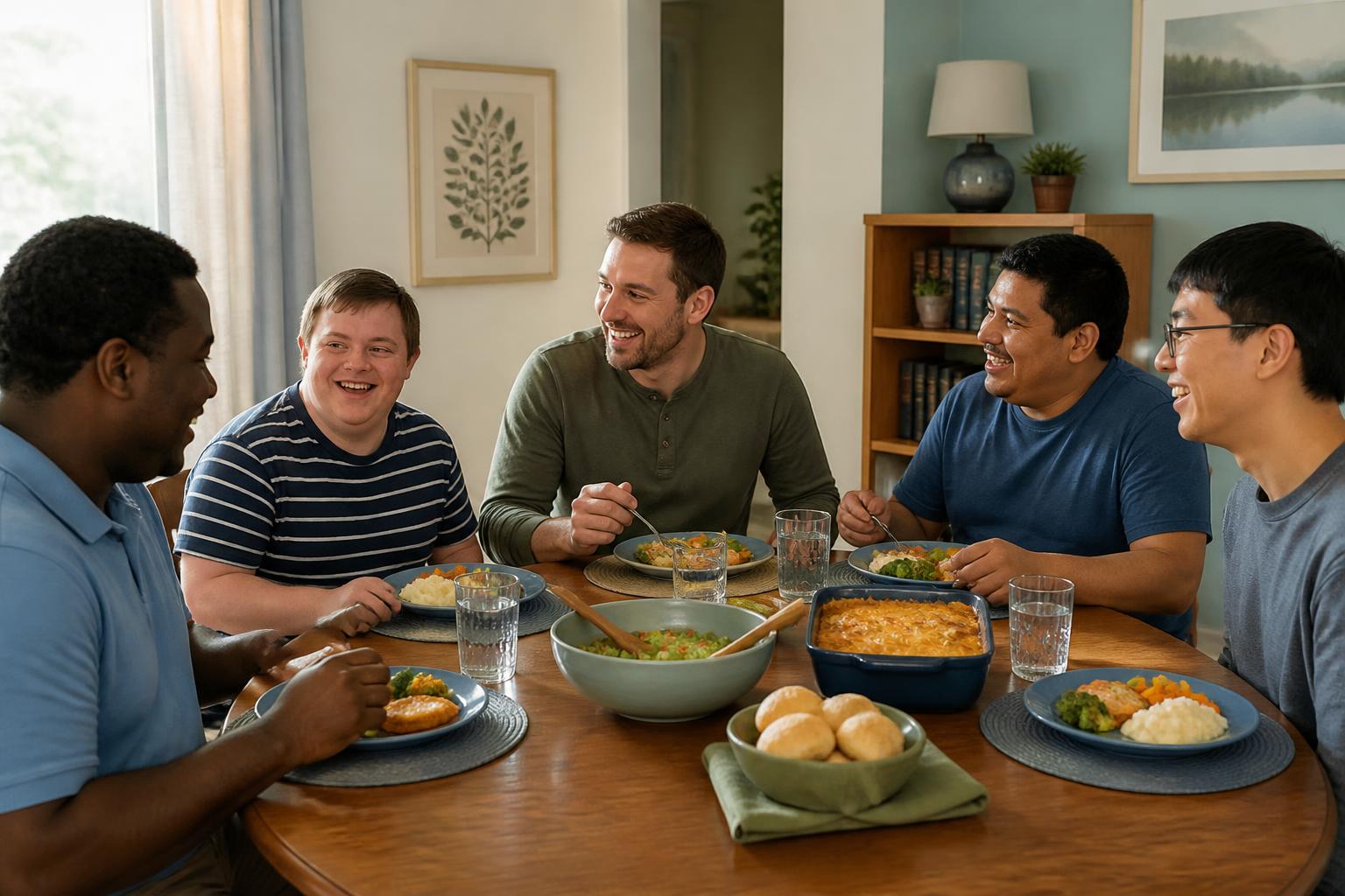 Four adult male residents with intellectual and developmental disabilities sharing a family-style dinner with a Direct Support Professional at a wooden dining table in a residential home