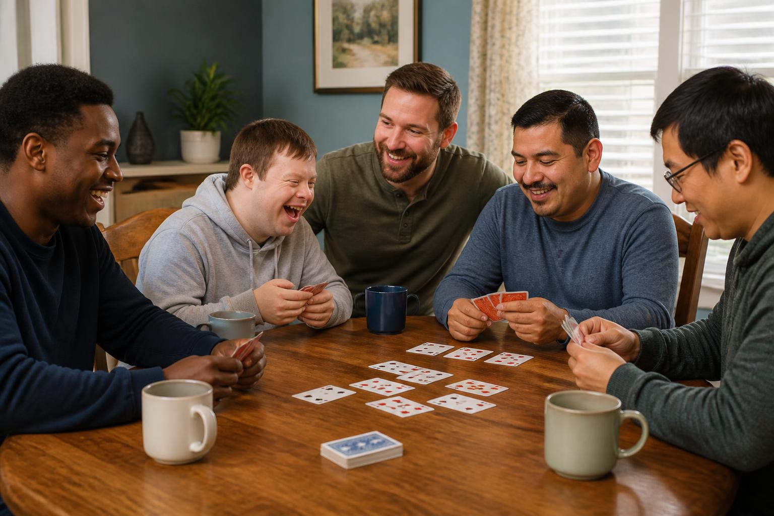 Four adult male residents with intellectual and developmental disabilities playing a card game with a Direct Support Professional around a sunlit dining table at home